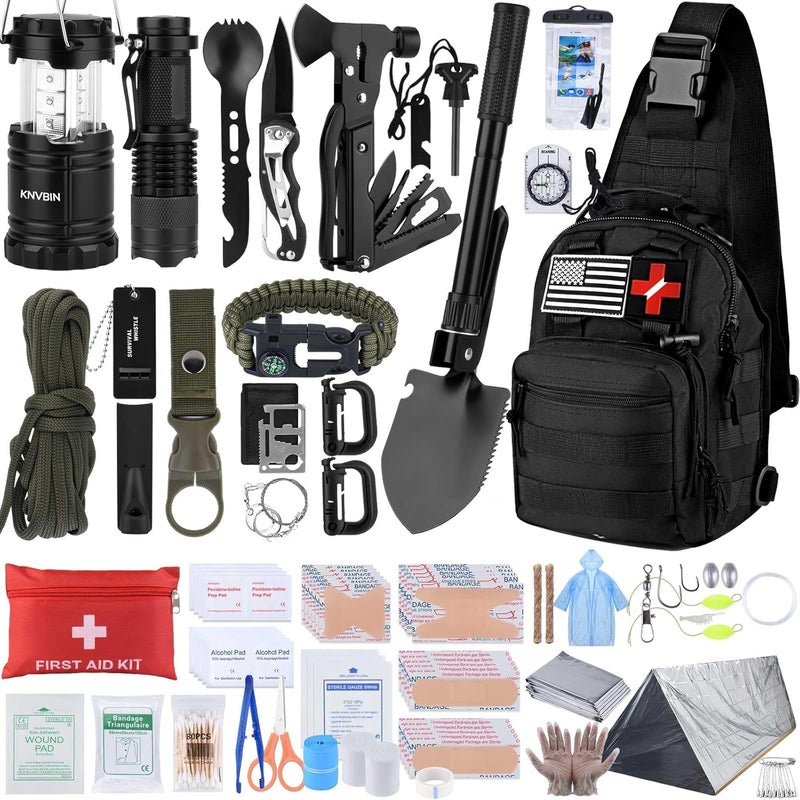 KNVBIN Survival Kit, 250pcs Survival Tools Tactical Gear and Trauma Bag, Survival First Aid Kit with Molle Crossbody Bag & Emergency Tent for Earthquake, Bug Out, Outdoor Adventure, Gifts for Christmas Men - Image 1